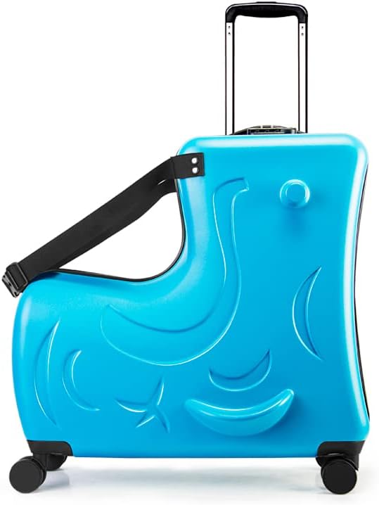 Hardside Ride on Kids Luggage with 4 Spinner Wheels for Girls and Boys,Rolling Childrens Travel Suitcase with Seat and Safety Belt for Toddler Ages 2-6,Carry on for Most Airplanes 21 Inch,Blue