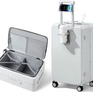 24 Inch Checked Luggage,Top Opening Hard Shell Suitcases with Wheels,Hard Case Travel Luggage with Lock and Cup Holder,Smoke White