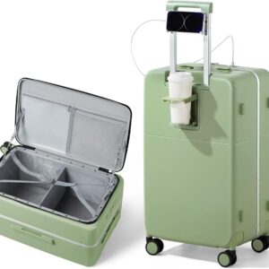 20 Inch Carry On Luggage Airline Approved with Lock and Cup Holder,Top Opening Hard Shell Suitcases Travel Luggage with Wheels,Bamboo Green
