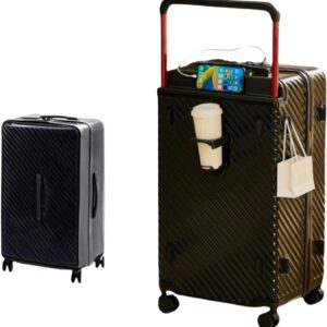 Carry On Luggage 20In Wide Handle with 360 Spinner Wheels, USB & Type C Port, Cup Holder & , Hard Case Luggage, Hardshell Travel Suitcase for Men Women (PVC Cover For Free) Black