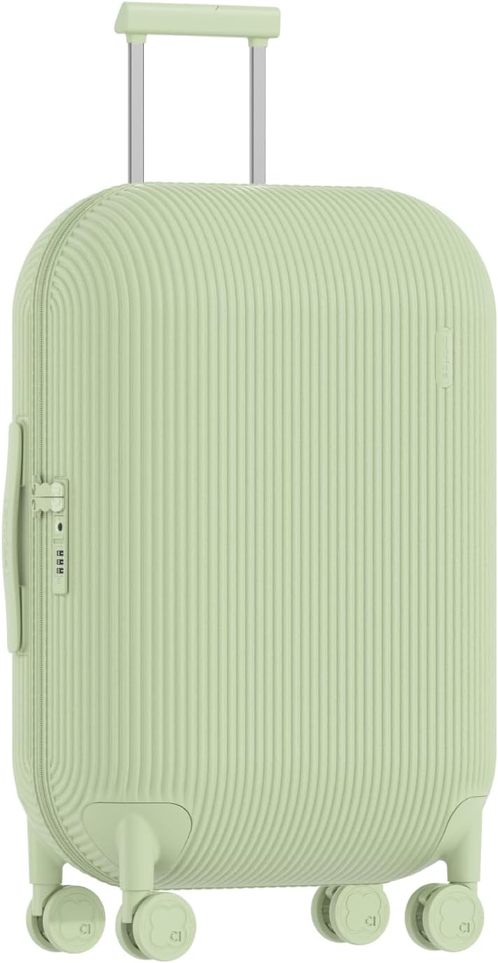 Checked Luggage 24 inch,Medium Suitcase with 8 Spinner Wheels,PC Lightweight Hardside Luggage with Cover Protector,Stripe Pattern Design,,Green,Checked-Medium 24-Inch,55L