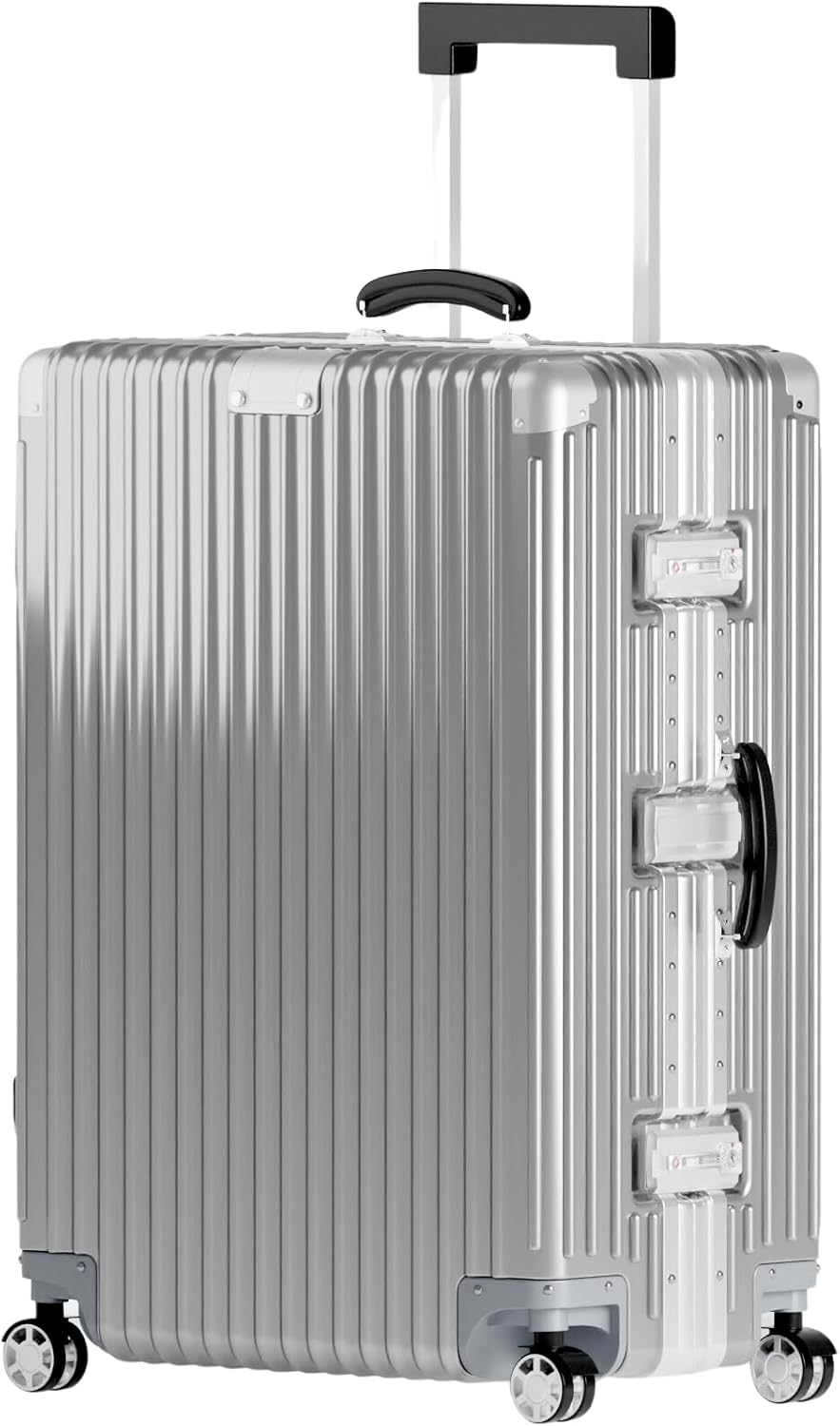 29 Inch Check-In Luggage - Polycarbonate Hard Shell Suitcase with Aluminum Corners, Smooth-Rolling Wheels, Leather Handle, Aluminum Frame Luggage, Zipperless (Silver, 29 Inch Check-In)