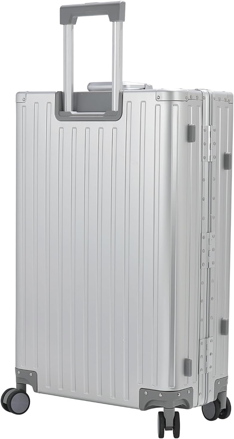 28-inch Aluminum Checked Suitcase: Silver - Full Metal Shell - Crush-Resistant & Burst-Proof, & Spinner Wheels for Business Travel - Men Women - Image 2