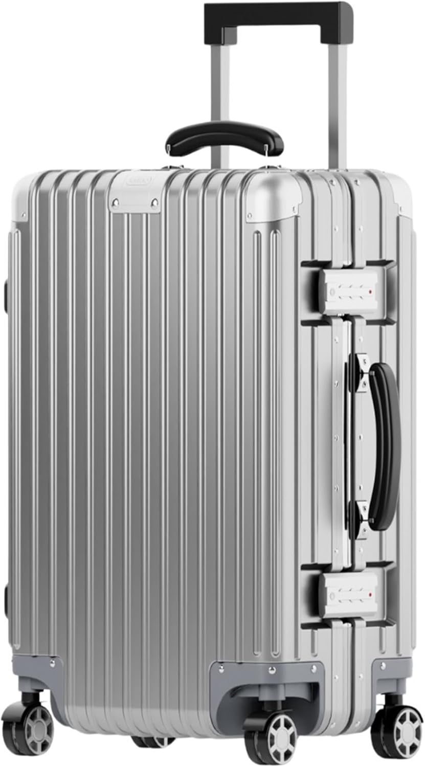 24 Inch Check In Luggage - Polycarbonate Hard Shell Suitcase with Aluminum Corners, Smooth-Rolling Wheels, Leather Handle, Aluminum Frame Luggage, Zipperless (Silver, 24 Inch Check-In)
