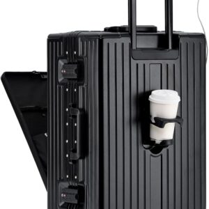 Aluminium Frame Carry on Luggage with Spinner Wheels and , PC Hardside Suitcase with Front Pocket, USB Port, Cup Holder& Phone Holder(Black, 20 inch)