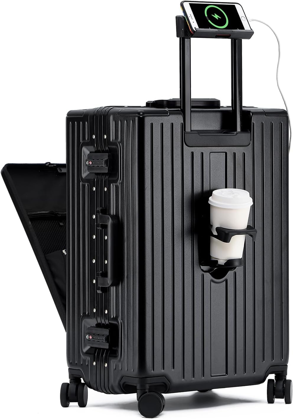 Aluminium Frame Carry on Luggage with Spinner Wheels and , PC Hardside Suitcase with Front Pocket, USB Port, Cup Holder& Phone Holder(Black, 20 inch)