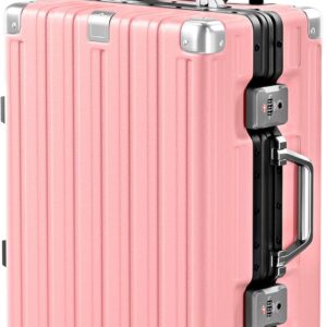 Carry On Luggage Aluminum Frame No Zipper Metal Hardshell PC+ABS Luggage Airline Approved Suitcase with Spinner Wheels 20 Inch Pink