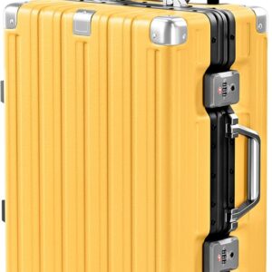 Carry On Luggage Aluminum Frame No Zipper Metal Hardshell PC+ABS Luggage Airline Approved Suitcase with Spinner Wheels 20 Inch Yellow