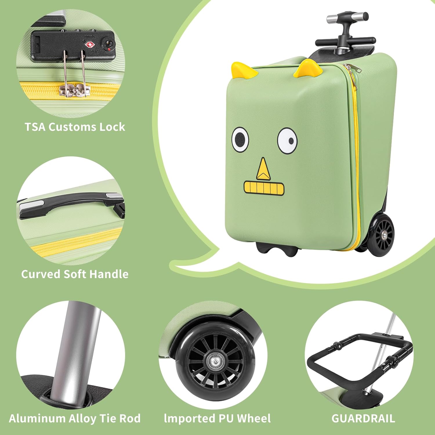 Ride on Suitcase for Kids, 20 inch Hardside Kids Luggage Ride on,Large Suitcases with Child Seat Design with 4 Universal Wheels Help Your Child Travel (Green) - Image 2