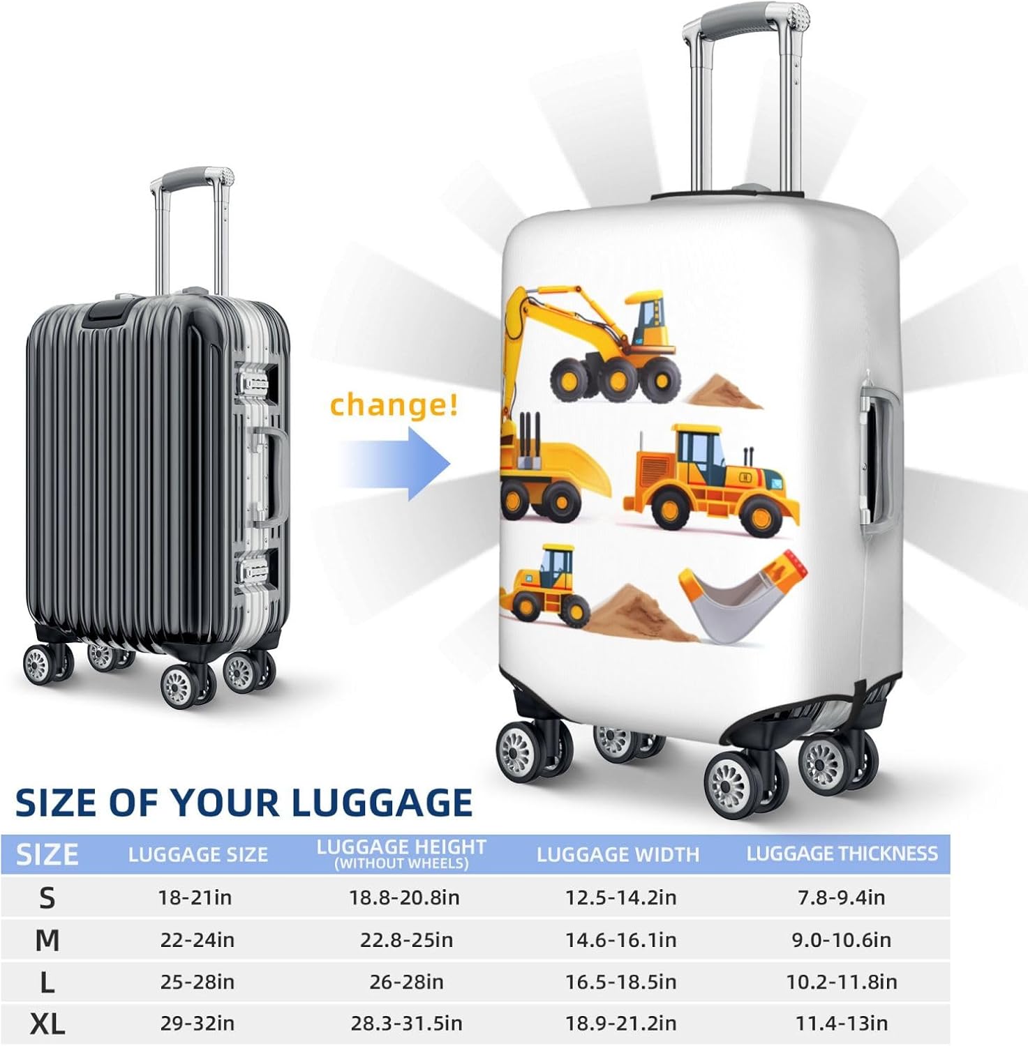 Machinery Excavator Truck and Loader Travel Luggage Suitcase COVER, Cartoon Boy's Toy Washable Suitcase COVERS Elastic, M - Fits 22-24 inch luggage (No Suitcase) - Image 2