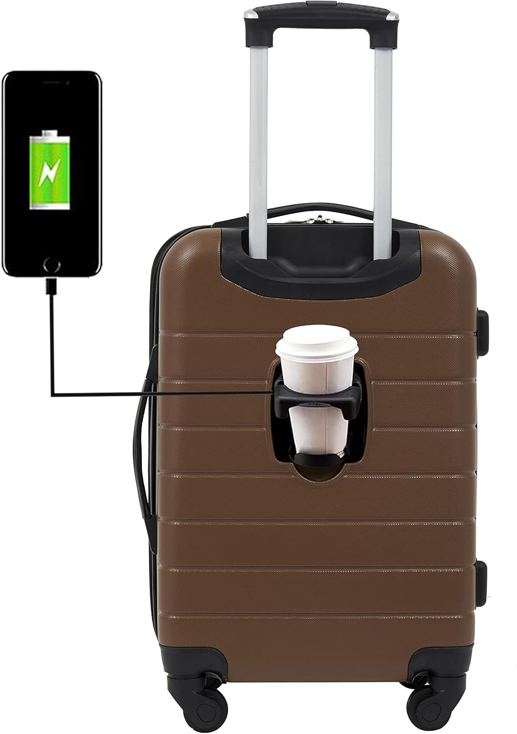 Smart Luggage Set with Cup Holder and USB Port, Toffee, 20-Inch Carry-On