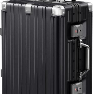 Carry On Luggage Aluminum Frame No Zipper Metal Hardshell PC+ABS Luggage Airline Approved Suitcase with Spinner Wheels 20 Inch Black